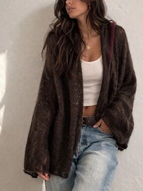 Luxury Mohair Blend Boho Oversized Sweater Bell Sleeve Sheer Knit Brown XL